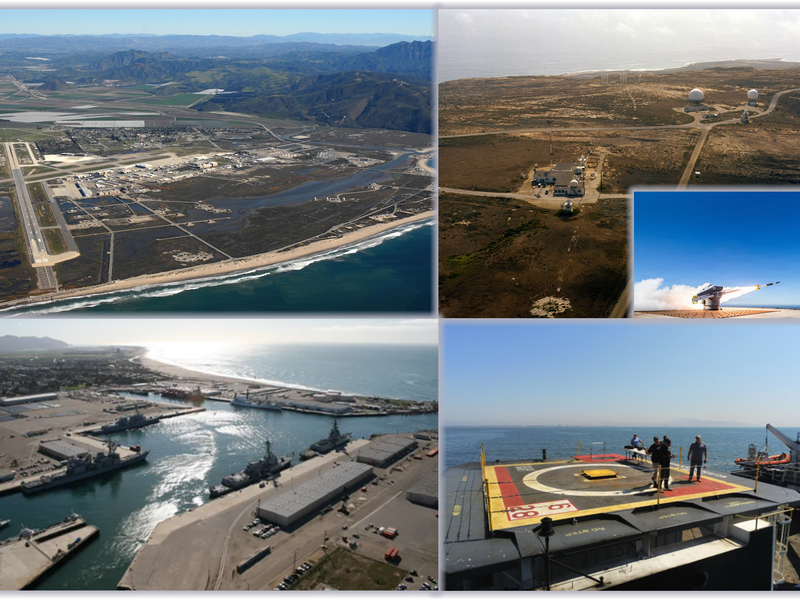 Aerial view of California coastal terrain showing mountains, ocean, and port infrastructure near Naval Base Ventura County